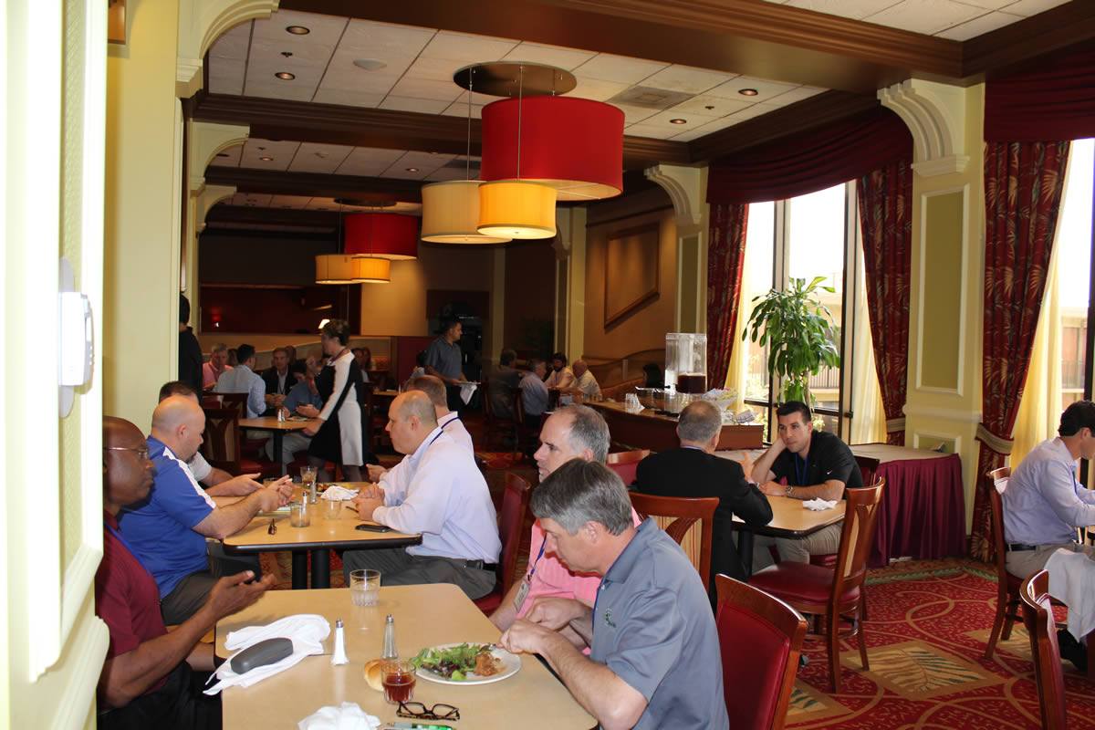 Guests eating and chatting in the hotel restaurant